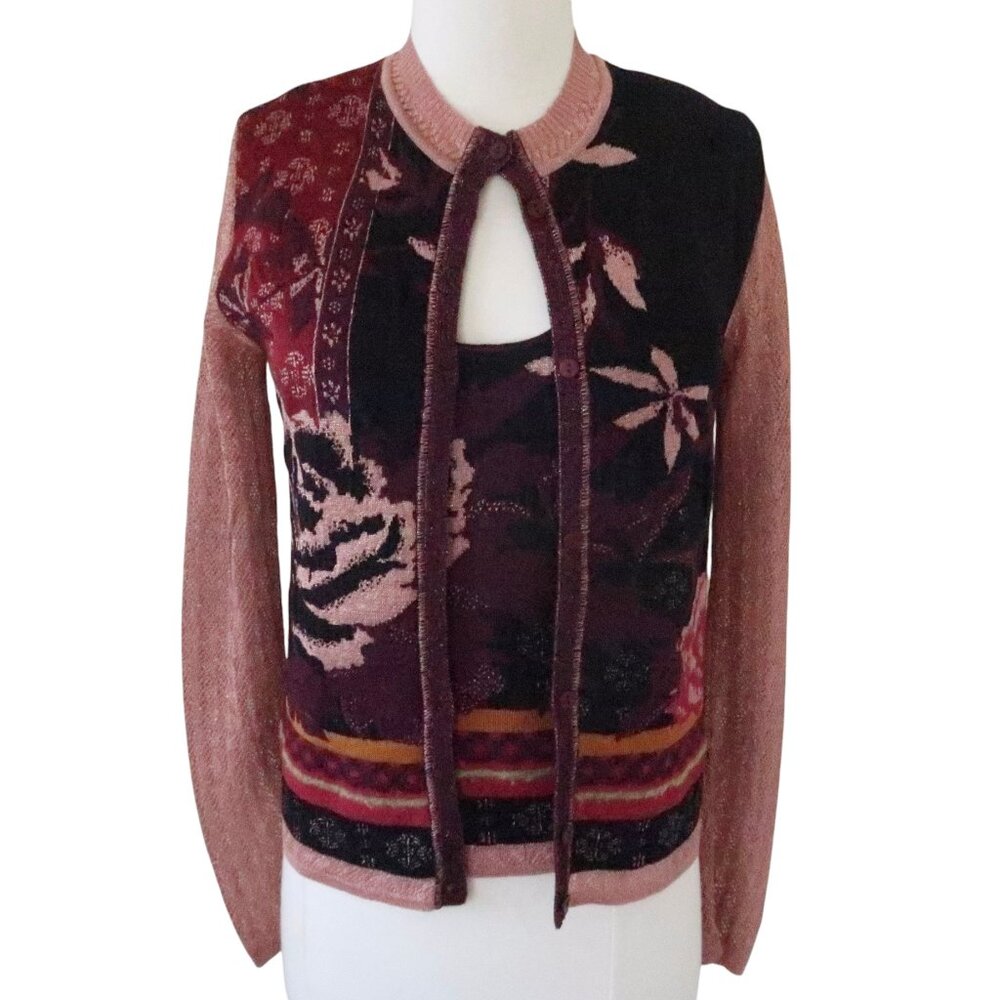 KENZO floral intarsia tank & cardigan sweater twin set M
